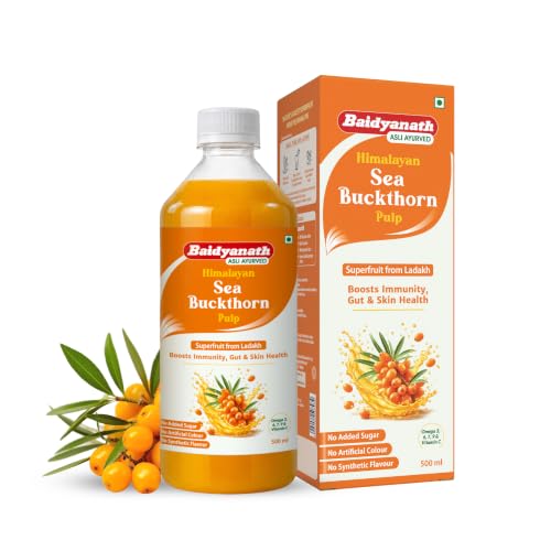 Baidyanath Himalayan Sea Buckthorn Pulp 500 ml | Natural Superfruit Juice Rich in Omega 3, 6, 7 & 9, Vitamin C for Immunity, Gut Health & Healthy Skin | No Added Sugar, No Artificial Colour