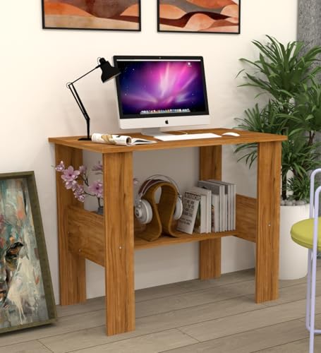 Image of Compact Study Desk with Storage Shelf, Natural Wood Finish, Space-Saving Home Office Table, 90x50x74 cm, DIY Assembly