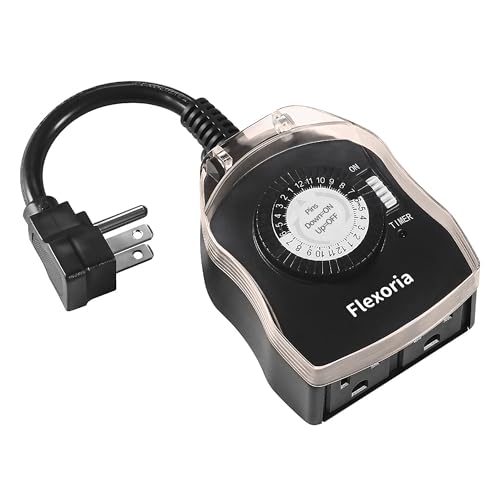 Flexoria Outdoor Timer Outlet Waterproof 24 Hour Mechanical Plug in Light Timer 2 Grounded Outlets for Outdoor Lights 15A 1/2 HP ETL Listed (1 Pack)