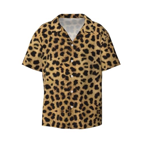 YANYU Camisas hawaianas con estampado animal de leopardo para hombre, manga corta, cuello cubano, camisa de verano y días de playa, Negro -, X-Large