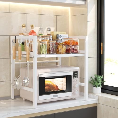 Scaffale estensibile per forno a microonde, regolabile, 40-60 cm, salvaspazio, con 6 ganci, in acciaio al carbonio resistente, ideale per organizzare piccoli elettrodomestici
