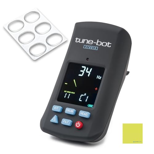 Tune Bot Studio Digital Drum Tuner Bundle With Liquid Audio Dampening Pads and Instrument Polishing Cloth - TBS-001 Professional Clip-On Tuner for Acoustic Kits