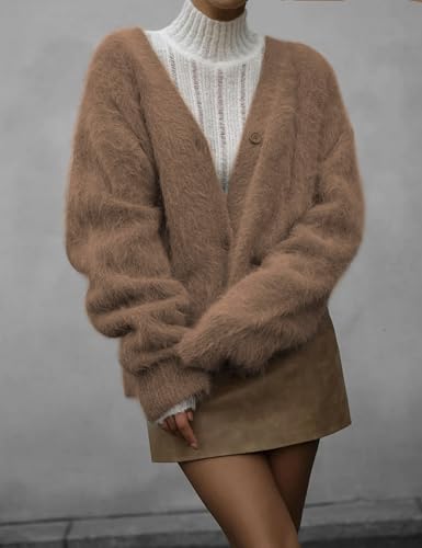 Fuzzy Cardigan Sweaters for Women V Neck Button Down Fluffy Knit Sweater Long Sleeve Cardigan Sweater Coat 20253