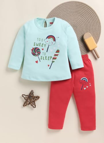 Image of LuvLap Baby Girls 100% Cotton Full Sleeve Girls Top & Pyjama CoSets Pack Of 2, Salmon Rose & Light Pastel Green, XXL (18 to 24 Months)