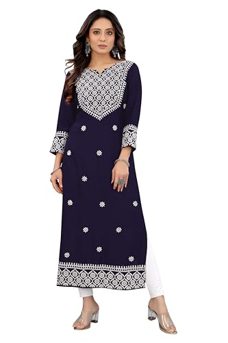 Image of Women's Rayon Embroidered Straight Kurti Under 499 Designer Attractive Look Women's Kurta