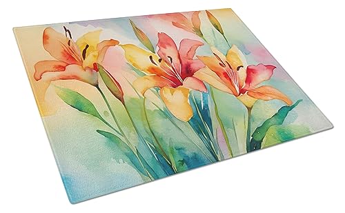 Caroline's Treasures DAC1588LCB Lilies in Watercolor Glass Cutting Board Large Decorative Tempered Glass Kitchen Cutting and Serving Board Large Size Chopping Board