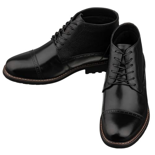 Image of CALTO Men's Invisible Height Increasing Elevator Shoes - Black Leather Lace-up Cap-toe Boots with Inner Faux Fur - 3.2 Inches Taller - Y41083 - Size 10.5 D(M) US