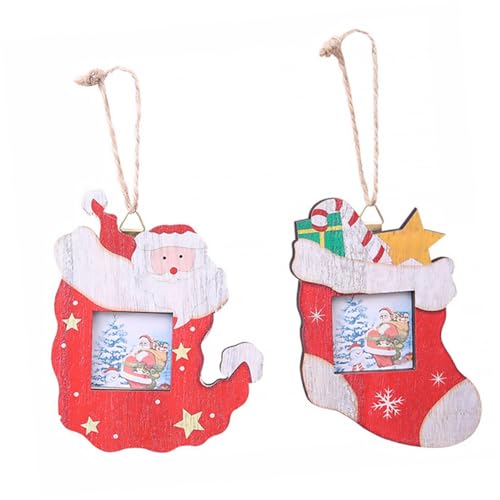 Cabilock Marcos de Fotos Navideños Colgantes de Madera 2 Piezas Set Diseño Papá Noel y Bastón, Decoración para Hogar, Fiestas y Oficina, Colgantes para Árbol de Navidad
