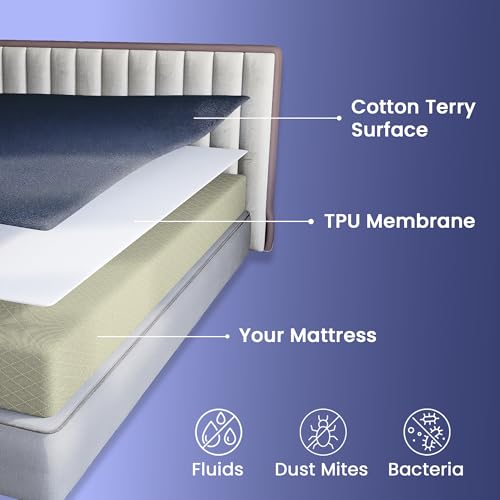 Image of CareFoam 100% Waterproof Premium Cotton Mattress Protector | Breathable and Hypoallergenic Ultra Soft Fitted Bed Protector | Queen XL (Long) 78 x 60 Inch, Fits 10 Inch Blue | Extra-Long Queen beds