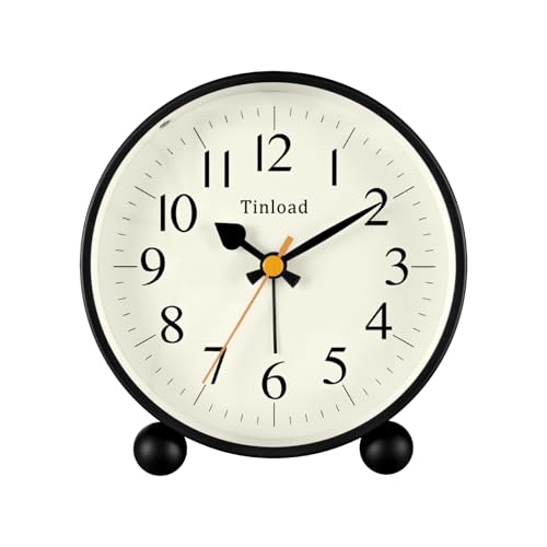 Image of Tinload 4.5 inch Vintage Retro Analog Alarm Clock, Super Silent Non Ticking Small Clock with Manual Light, Snooze, Battery Operated, for Living Room, Bedroom, Bedside, Desk(Black)