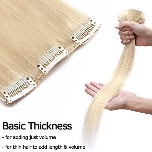Elailite Blonde Clip in Hair Extensions Real Human Hair, 8 Pieces Thin Weft Full Head Remy Hair Straight, #613 Bleach Blonde - Image 3