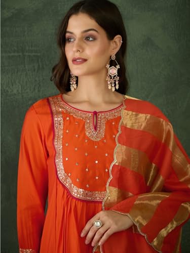 Image of Naixa Women's Chanderi Embroidered Flared Kurta with Pant and Dupatta Sets (NX-762)