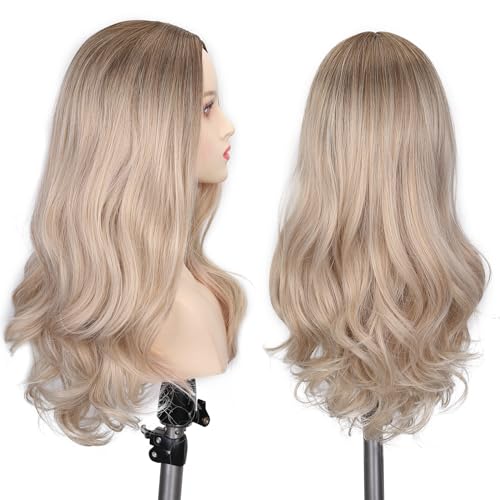 Lady Miranda Blonde Wigs for White Women Brown to Ash Blonde Natural Looking High Density Heat Resistant Synthetic Hair Weave Full Wigs for Women Middle Part Long Ombre Blonde Wavy Wig (T/Ash Blonde)