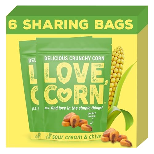 LOVE CORN Sour Cream & Chive Crunchy Corn (6 x 115g) - High Fibre Snack, Gluten-Free, Vegan, Kosher, Low Sugar Healthy Graze, Savoury Crisps Alternative, Plant Based Food, Delicious Savoury Snack