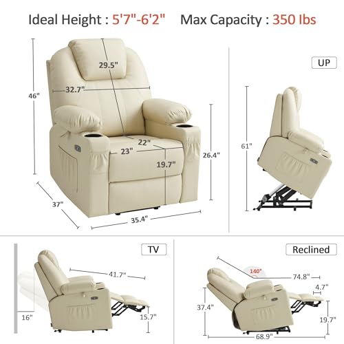MCombo Large Power Lift Recliner Chair with Massage and Heat for Tall Elderly People, 3 Positions, Cup Holders, and USB Ports, Faux Leather 7516 (Large, Cream White) - Image 4