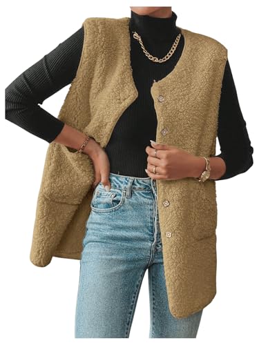 MakeMeChic Women's Button Down Fleece Vest Jacket V Neck Sleeveless Pocket Vest Top Coat Jackets