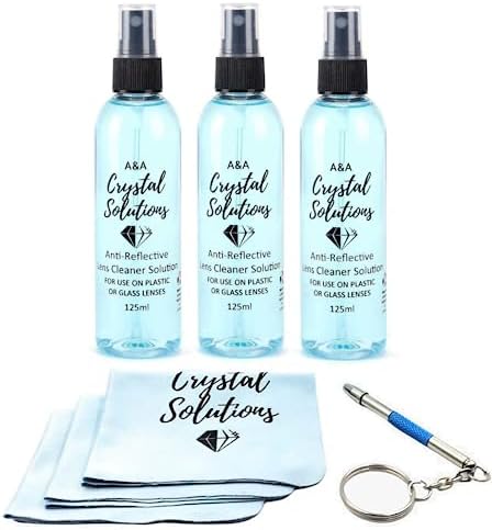 Eyeglass Lens Cleaning kit - Including 3 Anti-Reflective Lens Cleaner Solutions 125 ml Each, 3 Microfiber Cleaning Cloths, and a Screwdriver Key Chain to fix Loose Screws - by A&A Crystal Solutions