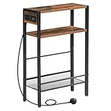 HOOBRO Slim Side Table with Charging Station, Narrow Bedside Table for Small Spaces, 3-Tier End Table with USB Ports and Power Outlet, Rustic Brown and Black EBF102KBZ01