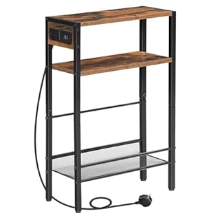 HOOBRO Slim Side Table with Charging Station, Narrow Bedside Table for Small Spaces, 3-Tier End Table with USB Ports and Power Outlet, Rustic Brown and Black EBF102KBZ01