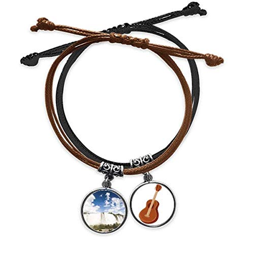 Pulsera de cuerda con paisaje de cascada forestal y amuleto de guitarra en cuero