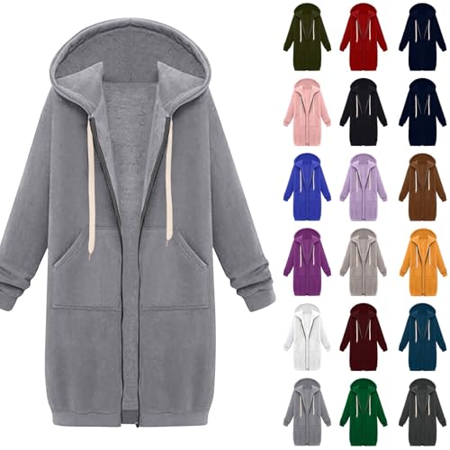 Long Hoodies for Women Zip Up Fleece Jacket Hooded Drawstring Oversized Sweatshirt Cozy Soft Long Sleeve Tunic Hoodie Loose Comfy Plus Size Coats Warm Winter Coats with Pockets Grey Zip Up Hoodie