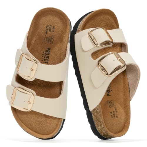 Image of Project Cloud Kids Sandals 100% Genuine Leather - Natural Cork Footbed Non-Slip Slides for Kids - Lightweight Boys & Girls Sandals - Water-Resistant Girls & Boys Sandals