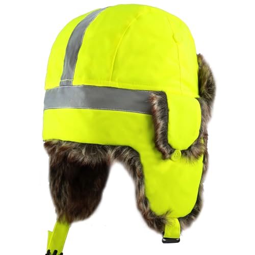 Image of Faux Fur Safety Reflective Aviator Trapper Hat Snow Ski Trooper Winter Cap