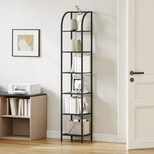 Hzuaneri Regal, Bücherregal, 6 Ebenen Standregal, DVD-Regal, Schmale Regale, Industriestil Büroregal, Metallrahmen für Wohnzimmer, Schlafzimmer, Küche, Schwarz BC56004B