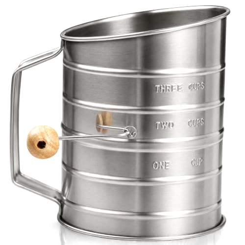 Bellemain 3 Cup Flour Sifter for Baking Fine Mesh Rotary Hand Crank with Loop Agitator for Quick...