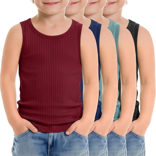 Image of 4 Pack Toddler Boys Cotton Tank Tops | Ribbed, Sleeveless T-Shirts, Summer Undershirts, Slim Fit, Crewneck, Layering, Sizes 18M-5T