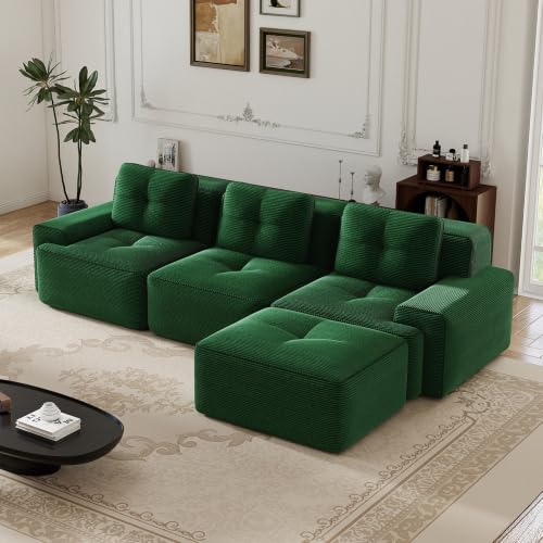 Image of 117 inch L-Shaped 3-Seater Modular Boneless Couch with Ottoman, Soft Corduroy Cloud sectional Sofa, Deep Seat Ergonomic Design, No Assembly Anti-Slip Sofa for Living Room, Green