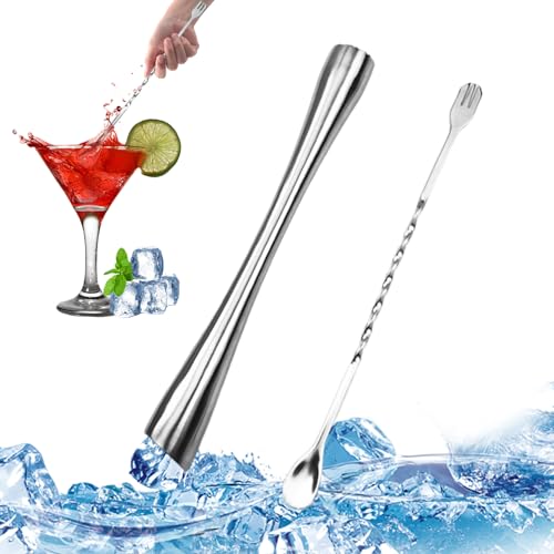 Cocktail Muddler with Cocktail Spoon Stainless Steel Mixing Bar Spoon Bar Stick Mojito Masher for Fresh Fruit Spice Ice Bar Accessories