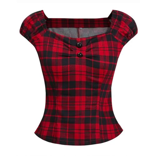 Blusas Vintage Mujer Estilo Pin Up – Top Campesina Gingham Rojo, Inspiración Años 50