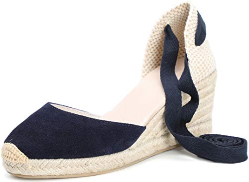 U-lite Women's Summer Leather Innersole Wedges Shoes, Ankle-Wrap Pompom Sandals Navy8