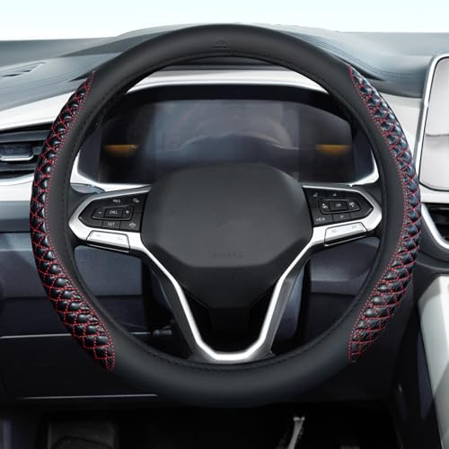 Image of Coverado Car Steering Wheel Cover, Nappa Leather Black & Redline Steering Wheel Covers, Universal 14-15 inch, Anti-Slip, Breathable Steering Wheel Protector for Women Men
