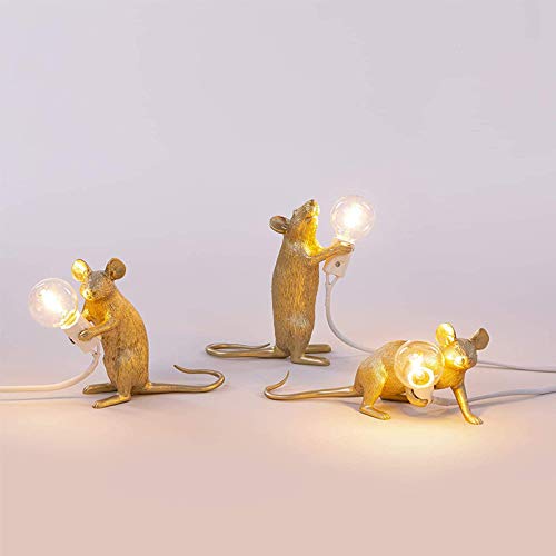 3 PCS Mouse Shape Table Lamp Set Decoration, Creative Resin Desk Light Bedside Lamp Gift,Modern Animal Lights for Bedroom Study Room Home Living Room Decor (Gold)