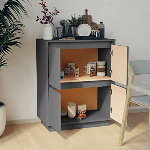 Vidaxl Cabinet, Wooden Sideboard With Doors, Accent Storage Cabinet For Living Room Dining Room Bedroom, Side Cabinet, Gray Solid Wood Pine #TOP3