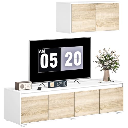 HOMCOM Set 2 Pezzi Parete attrezzata da Soggiorno in Truciolato, Mobile TV max 70" 160x39x43 cm e Mobile Multiuso a Parete 80x35x40 cm, Bianco e Color Legno