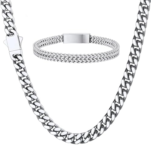 ChainsHouse Stainless Steel 5MM 20'' Cuban Necklace and 6MM 8.3'' Franco Curb Bracelet for Men Jewelry Gift Hip Hop Link Chain