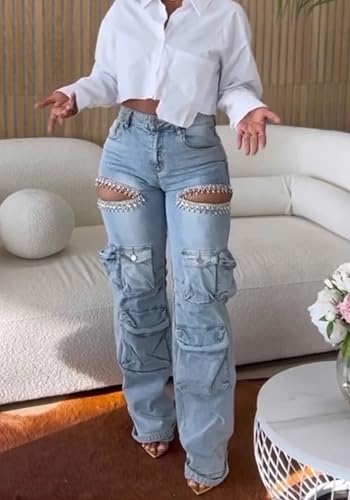 Vakkest Women's Rhinestone Cargo Jeans High Waisted Ripped Distressed Wide Leg Stretchy Denim Pants with Flap Pockets2