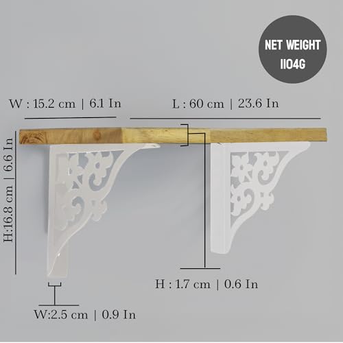 Image of Wall Shelf with Wooden Top Black|White Iron Brackets Storage Rack|Industrial Wall-Mounted Floating Shelf for Living Room,Kitchen,Bathroom (White Triple Floral Large)
