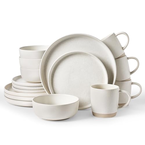 Image of Famiware Milkyway Stoneware Dinnerware Sets with Mugs, Service for 4 (16 Pieces), Reactive Glaze Plates and Bowls Sets, Microwave and Dishwasher Safe Dishes Set, Matte Beige White