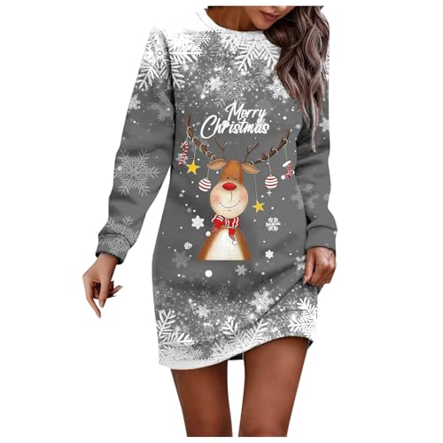 Generisch Weihnachtliches Damen Pulloverkleid mit Rundhalsausschnitt Langarm Freizeitmode Bequeme Weihnachtsdruck Strickkleid ohne (Grey, XXL)