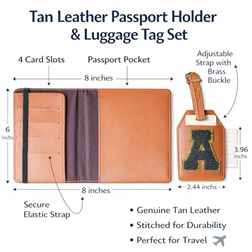 Image of Passport Cover & Bag Tag Combo | Personalized Initial Alphabet Custom A-Z Name Initial | Fits Standard Passports | Travel GiftIdeal Travel Gift for Women, Girls & Couples (Tan)