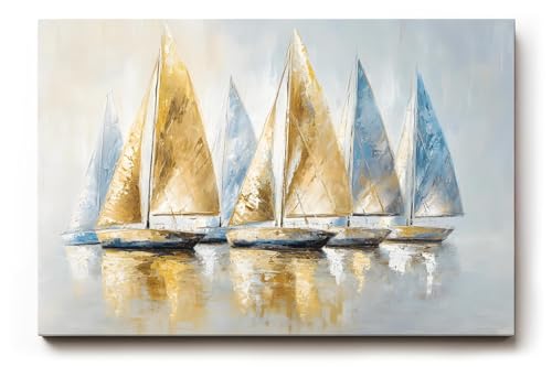 Sinus Art Wandbild 60x40cm Dynamisches Motiv mit sieben Segelbooten in Blau und Goldtönen – stilvoll und maritim zugleich