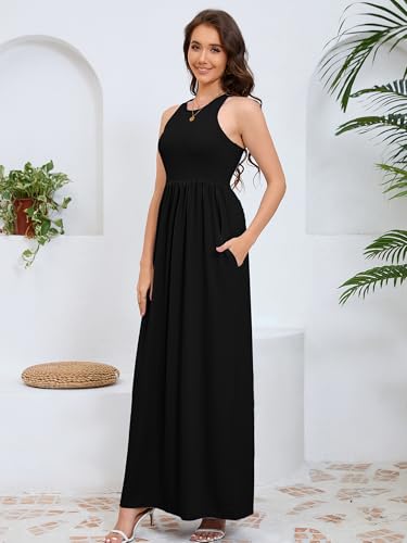 Image of DEARCASE Women's Sleeveless Maxi Dress Casual Plain Loose Summer Vacation Beach Long Dresses with Pockets