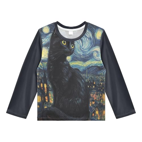 DOMIKING Black Cat Blue Boys Long Sleeve Rashguard Shirt Kids Quick Dry Swim Shirt for Swimming Pool Beach 9-10T