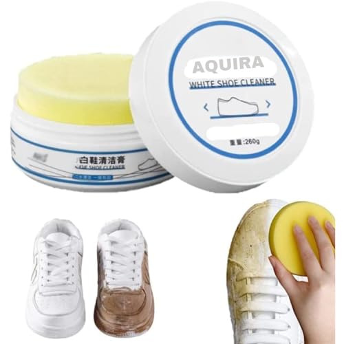 Image of AQUIRA White Shoe Cleaning Cream, Practical Shoe Cleaning Kit - Shoe Cream with Sponge, Shoes Whitening Cleansing, Stain Remover Cleansing Cream for Shoe, No-Wash, for Leather Shoes - 260GM