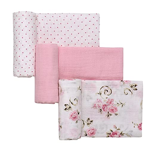 Image of 3 Pack Cotton Muslin Swaddle Blankets for Baby, 40 inch x 36 inch, Lightweight, Breathable, Pink (Little Me Vintage Rose)