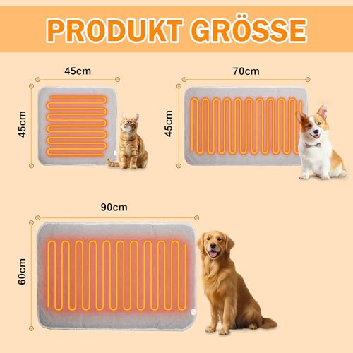 TEOV Haustier Heizkissen für Katzen Hunde 45 x 70CM, 20°C-55°C Temperatur & 4 Timing Einstellbar, Sichere wasserdichte Heizkissen
